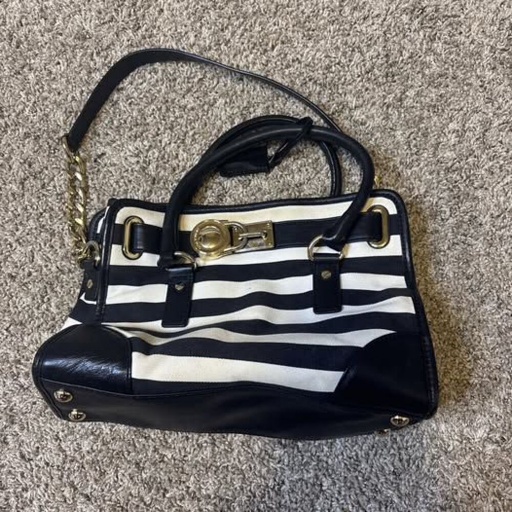 Michael Kors Large Hamilton Canvas Black And White Striped Handbag Y2k VTG Purse